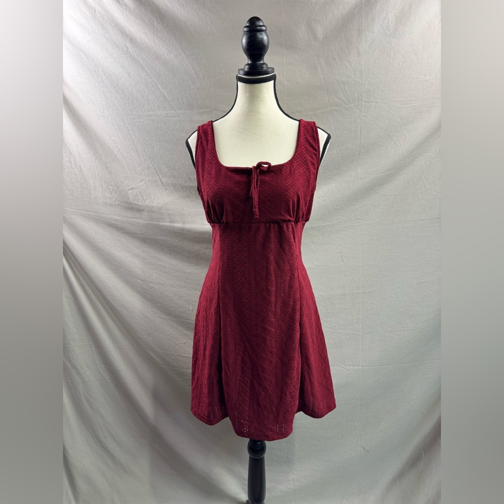 Square Neck  Eyelet  A-Line Sun Dress Burgundy - Picture 8 of 10